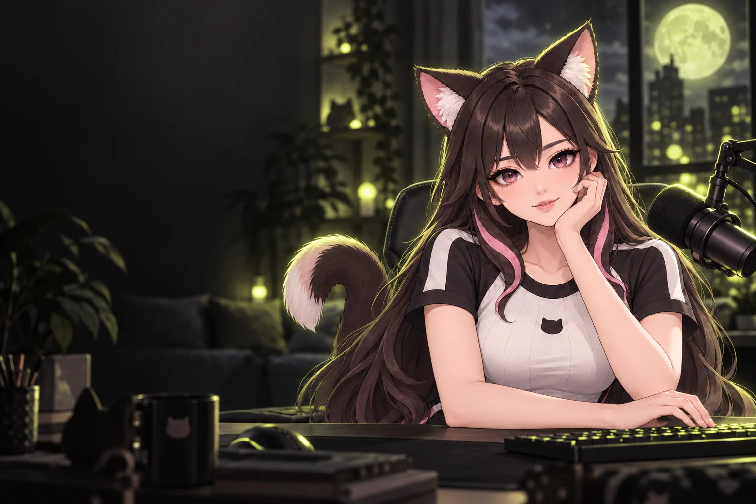 Catwife с длинными тёмными волосами и кошачьими ушами в ночной студии у микрофона